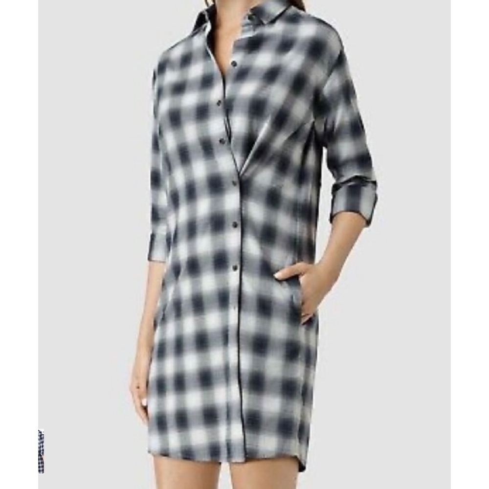 ALLSAINTS Braxon Plaid Shirt‎ Dress size 0 Gray Black Cotton Long Sleeve